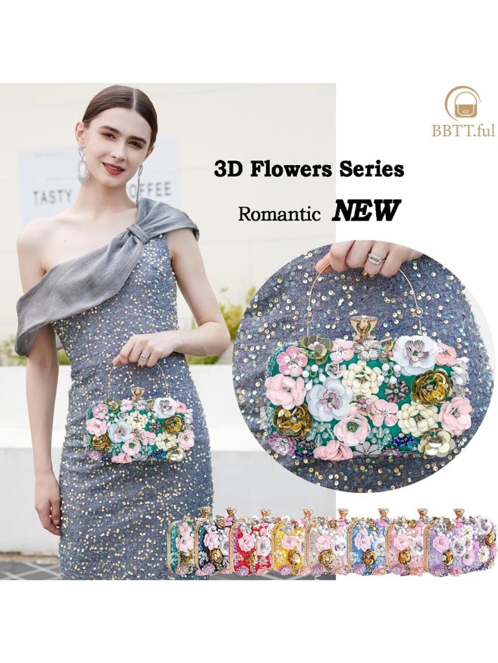 Women's Green Floral Beaded Chain Strap Party Prom Clutch Purse Evening Bag - Picture 4 of 7
